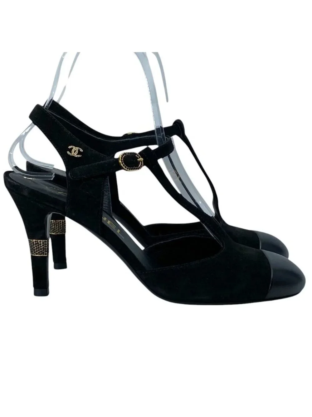 Chanel T Strap Pumps CC Logo Suede Leather Black Gold High Quality Daily